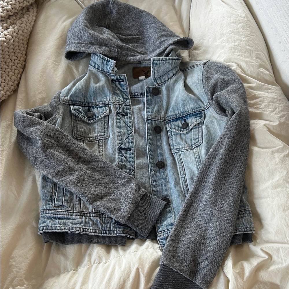 American Eagle Outfitters Blue Denim Jacket with Gray Sleeves